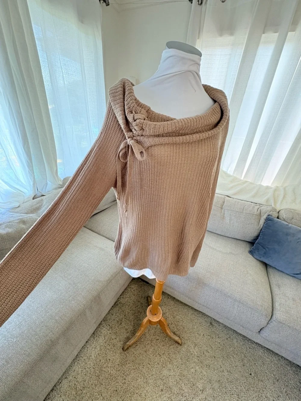 6for$20❤️itemAmbiance Asymmetrical Cowl Tie Sweater - Tan